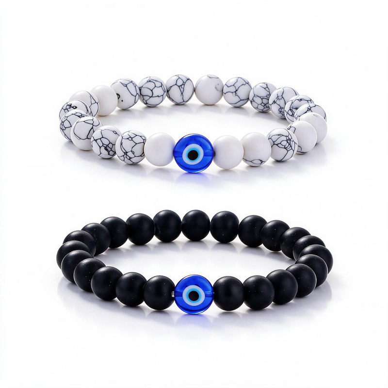 Turkish Evil Eye Bracelet Black and White Textured Stone Elastic Beaded Bracelet Set for Men and Women Couples