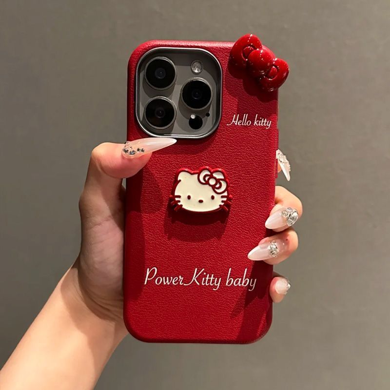 红色蝴蝶结kt猫适用苹果16promax手机壳iPhone15保护套14/13皮纹