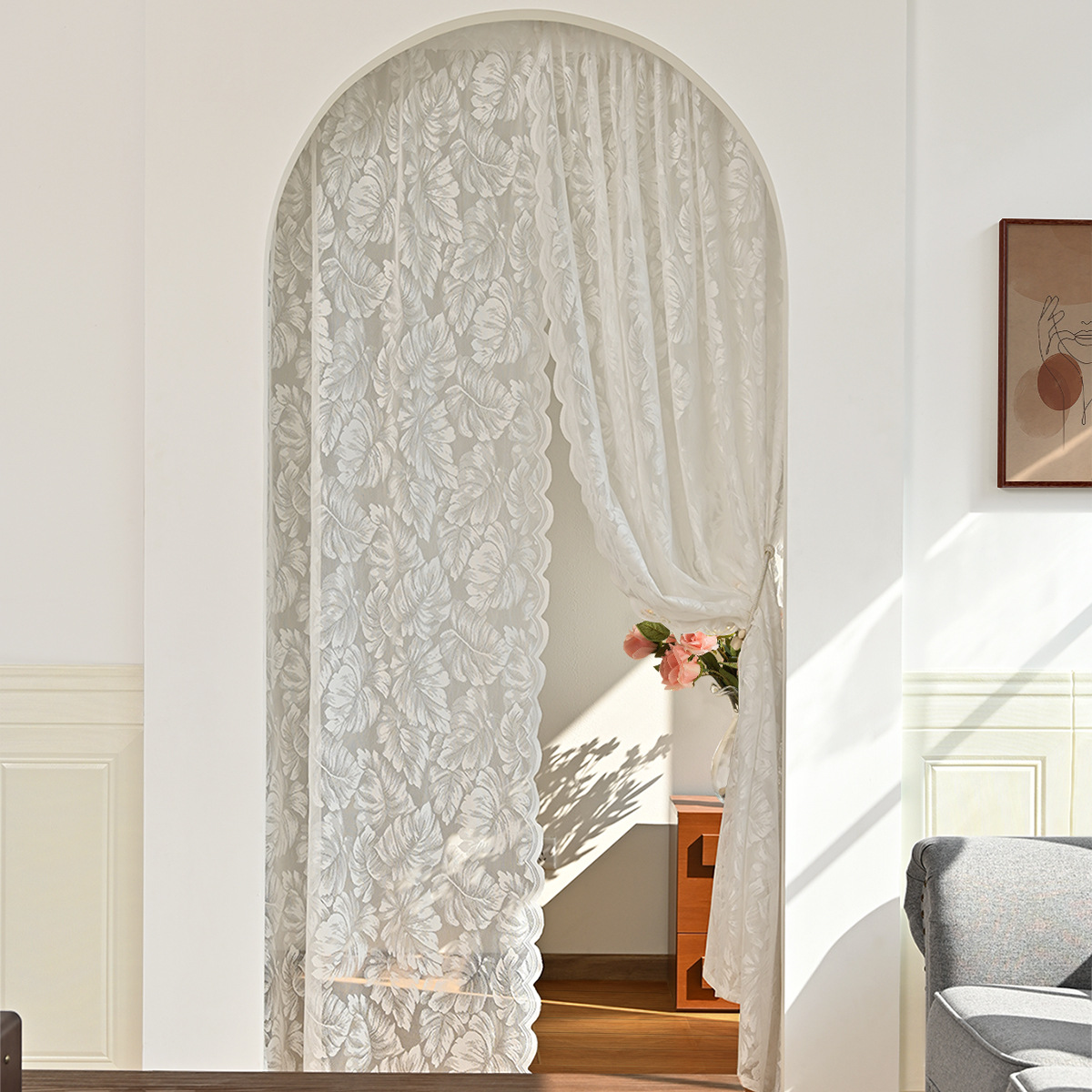 Cortina de puerta de hoja de tortuga transfronteriza de Amazon, encaje de urdimbre, cortina de pantalla de ventana de color sólido blanco, emitida por SHEIN