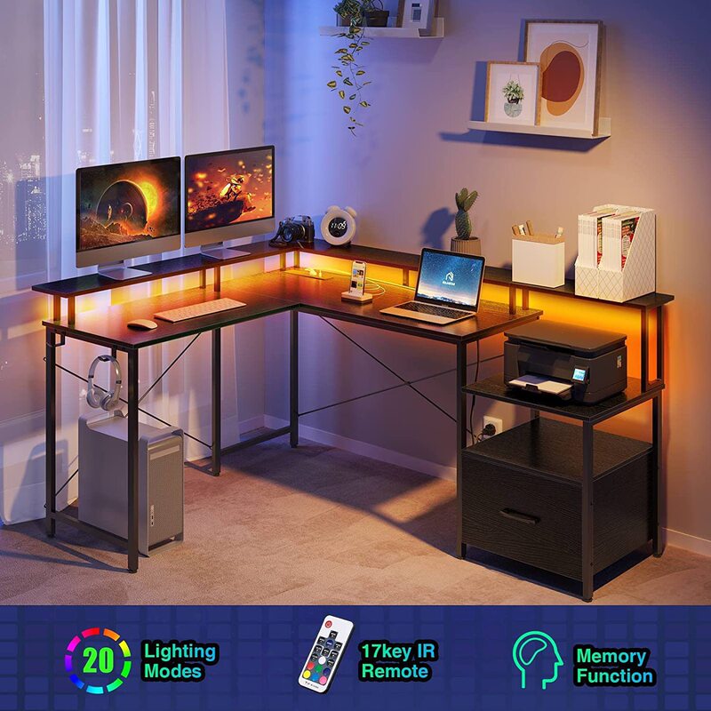 L-Shaped Computer Desk, Computer Corner Table with Printer Cabinet, Monitor, Led Light Strip, File Drawer, and Power Outlet