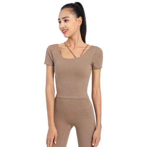 Cross-border yoga wear short-sleeved women's slim-strap back top fitness sports bra fitness wear vest with chest pad