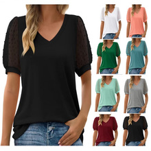 亚马逊  跨境欧美女装 小毛球网纱蓬松短袖泡泡袖V领纯色T恤女