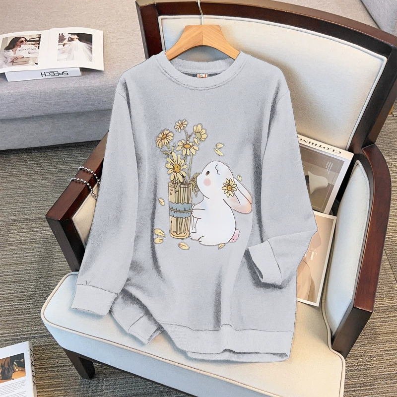 Fleece sweatshirt with a round collar, long-sleeve, plus size, increased thickness