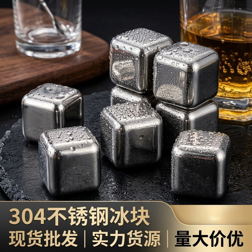 Cross-border 304 stainless steel ice cube pattern kitchen whiskey summer metal iron ice cube ice wine stone set ice cubes