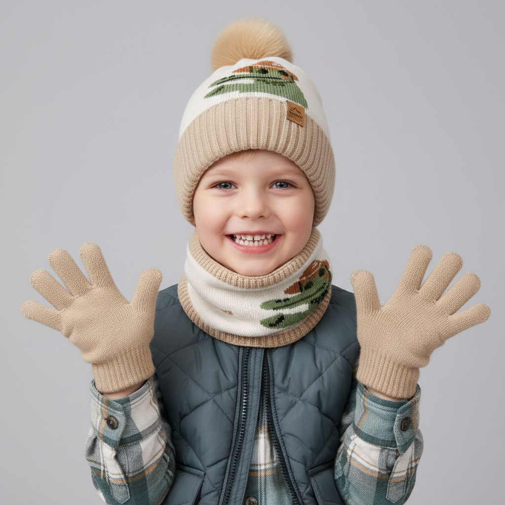 Cross-Border Amazon Children's Hat, Scarf, and Gloves Three-Piece Set, Thickened Dinosaur Knitted Hat, Boys' and Girls' Woolen Hat