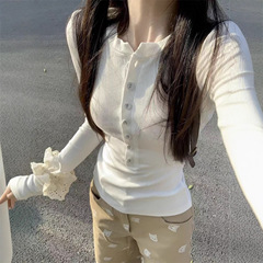设计感小众纽扣气质长袖T恤女秋季新内搭短款打底衫辣妹修身上衣