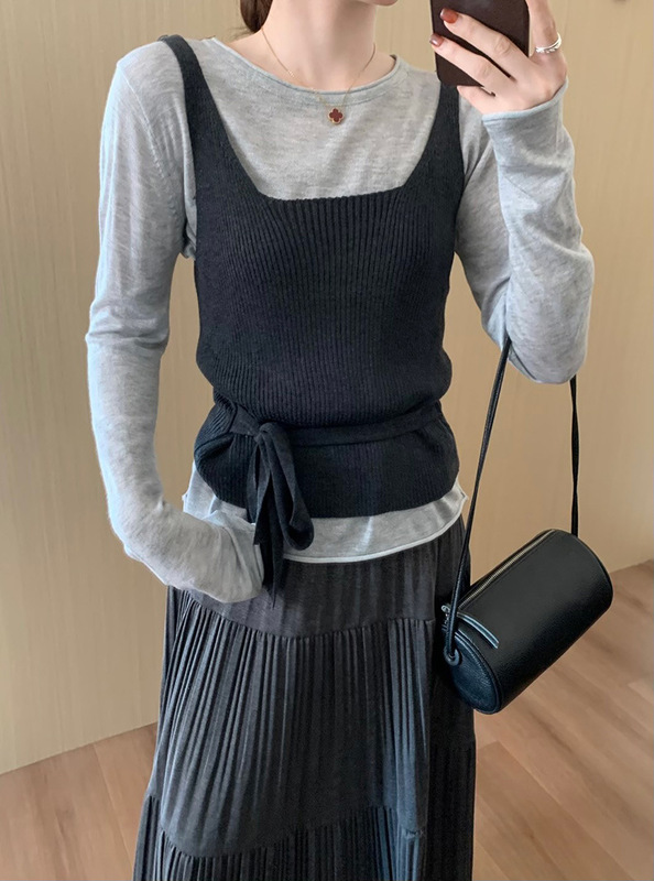 韩系简约绑带吊带背心+长袖T恤针织套装女秋季新款显瘦毛衣两件套|undefined