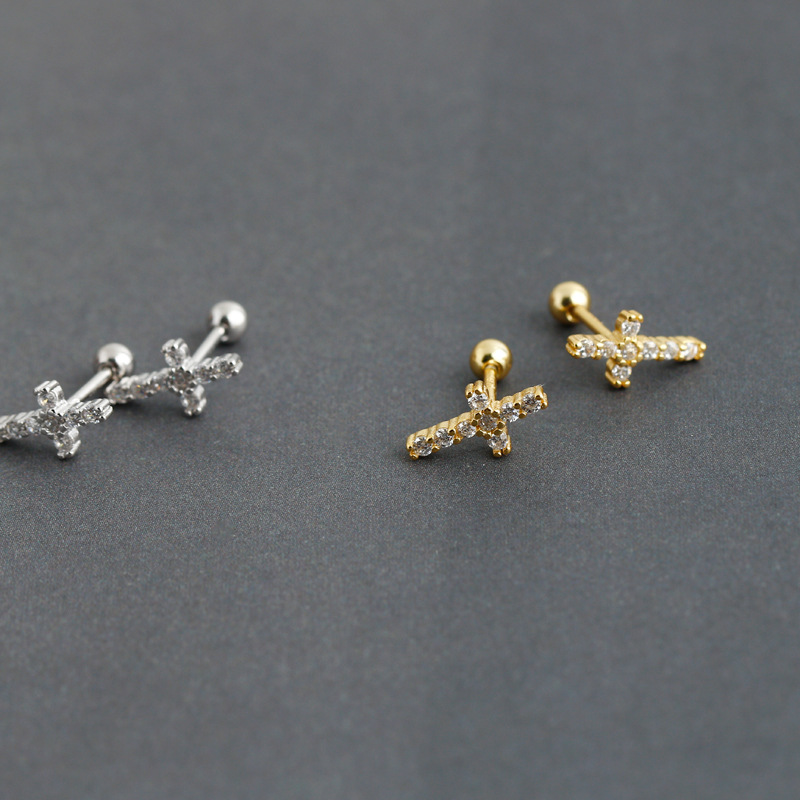 Simple Style Cross Sterling Silver Inlay Zircon Ear Studs 1 Pair