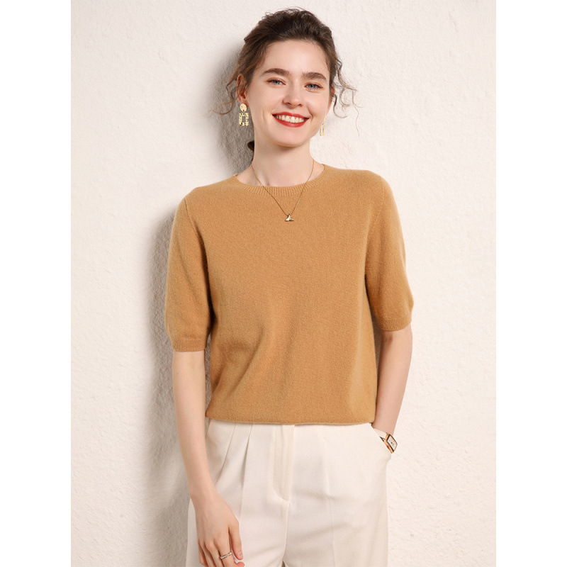 First-Line Garment Seamless Mountain Cashmere Sweater Women's Knitted Base Shirt Round Neck Half Sleeve Loose Slimming Sweater Inner Top