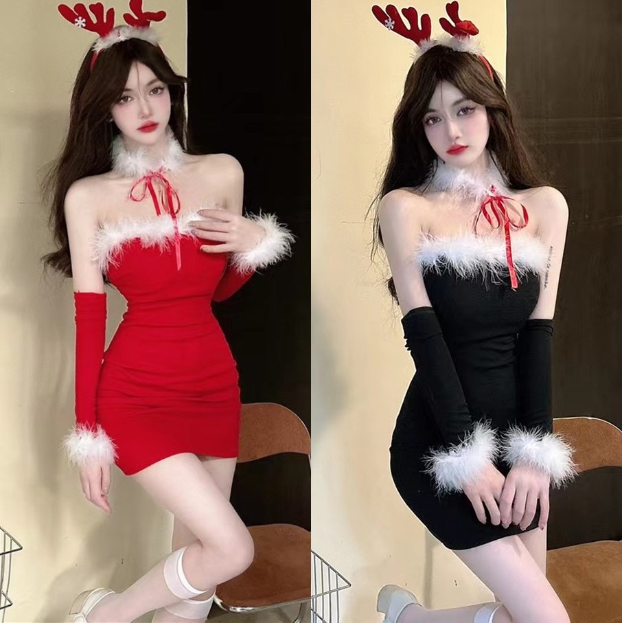 2272 圣诞毛毛款性感cosplay兔女郎万圣节制服纯欲套装女仆装短裙