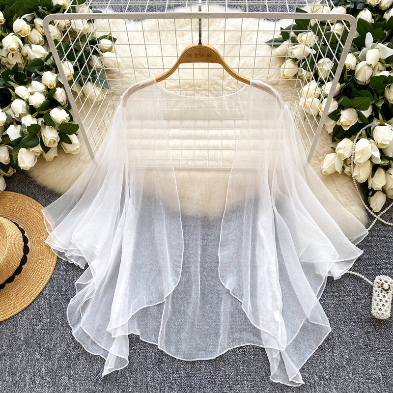 Minimalist Style Solid Color Mesh Cardigan for Women, Summer Loose Fit, Slimming, Sweet Shawl, Sun Protection Air Conditioning Shirt, Trendy Outerwear