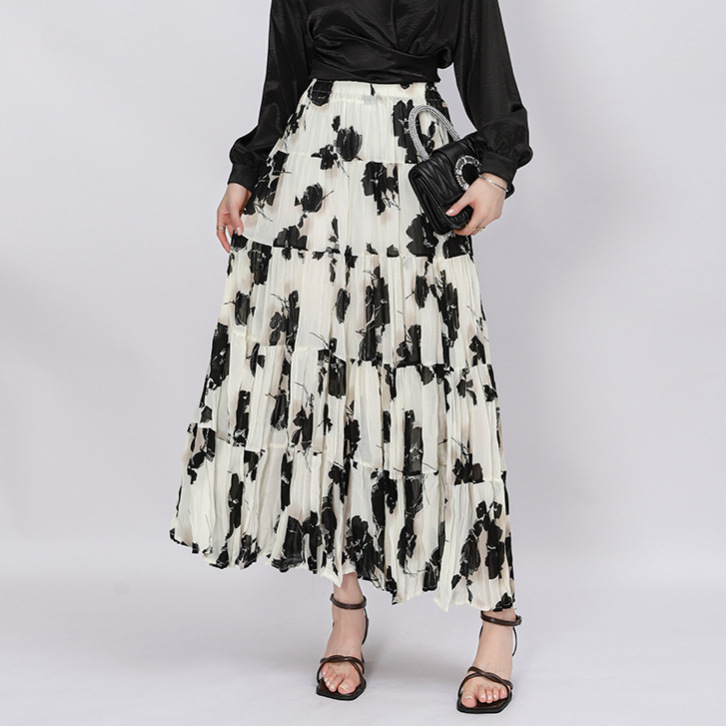 菲媛夏季新款绿野仙踪碎花百褶半身裙 高腰百搭显瘦皱皱A字大摆裙