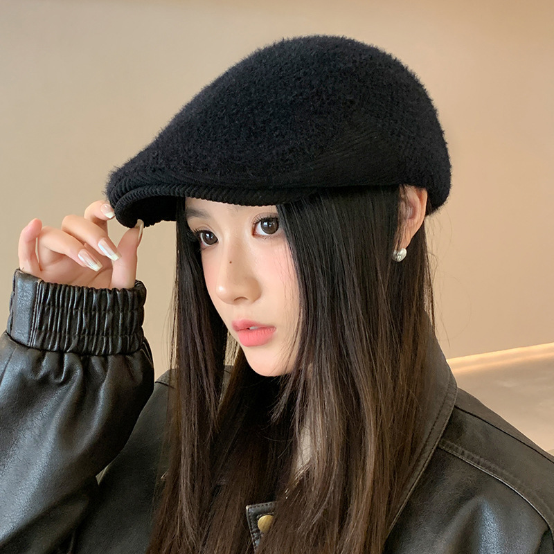 美式反戴英伦复古前进帽秋冬拼接加绒加厚鸭舌帽显脸小保暖报童帽|undefined