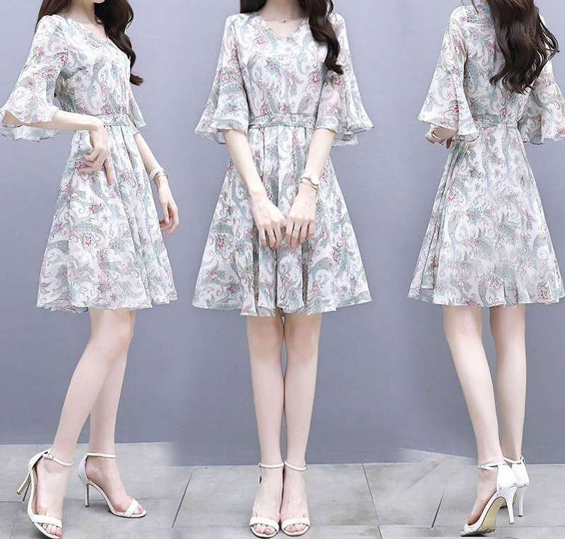 2022 New Dress Women's Summer Fashion Short-sleeved Elegant Long Dress Printed Western Style Slim Dress