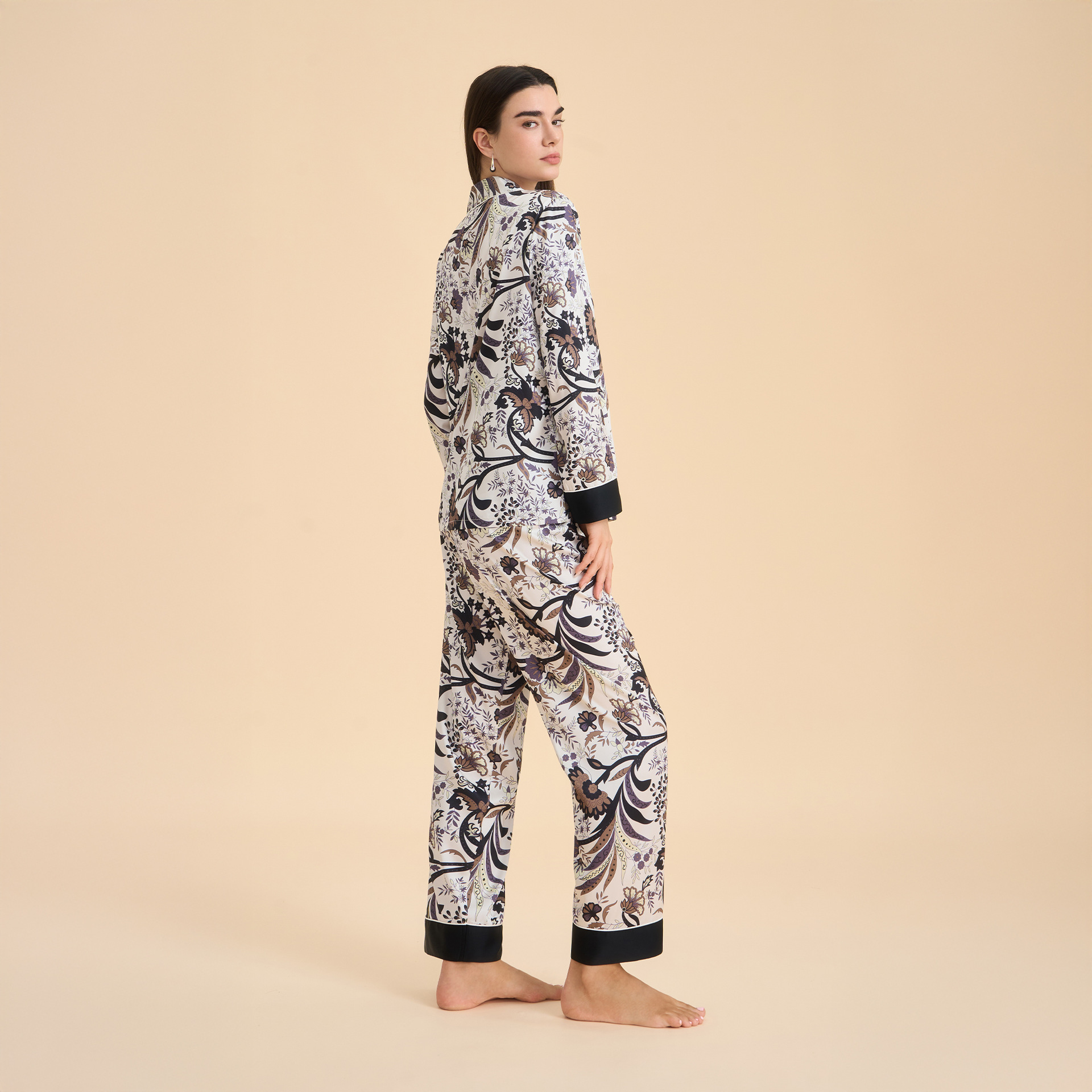 Pijama floral elegante de primavera y otoño para mujeres pantalones de manga larga con solapa delgada ropa casera casual y cómoda TZ4001