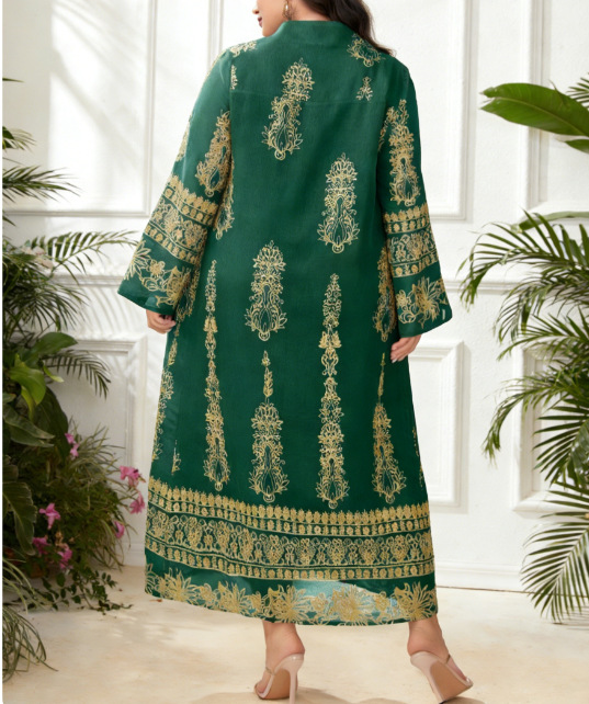 Exclusive Cross-border Supply Of Middle Eastern Embroidered Robes, Plus-size Women's Green V-neck Bell-sleeve Loose_ecoleips.com