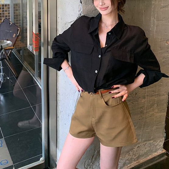 高级感复古宽松长袖衬衫西装阔腿短裤女2025夏季新款时尚套装ins|undefined