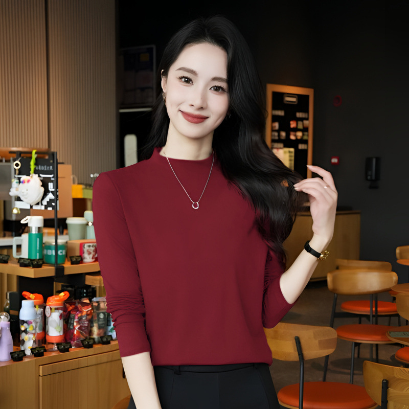 양면 기모 모의 높이 칼라베이스 셔츠 여성용 솔리드 컬러 내복 가을과 겨울 세련 된 한국 스타일 따뜻한 유행 긴 소매 티셔츠