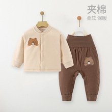 婴儿童按扣式可开档高腰夹棉保暖裤两件套宝宝薄棉棉服套装秋冬季