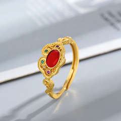 新款中式花絲仿天然紅玉髓戒指開口可調指環復古宮廷風輕奢手飾女