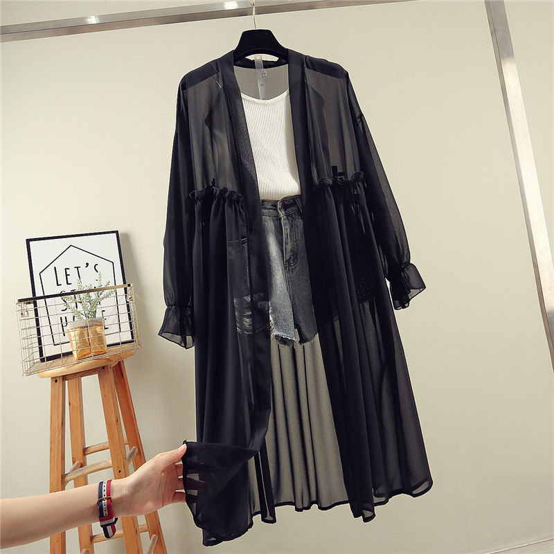 シフォンシャツジャケットミドル丈日焼け止め服レディースカジュアル韓国風ゆったり薄手大きいサイズ夏学生ビーチショール|undefined