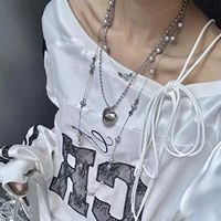 银灰珍珠爱心项链女叠戴小众锁骨链y2k亚文化长款毛衣链百搭配饰