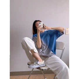 夏季新款百搭休闲撞色渐变短袖T恤女宽松中长款上衣服CX6112