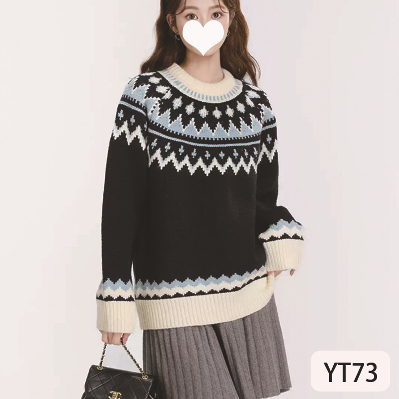 Lazy Style Fair Isle Soft Waxy Round Neck Knitwear Women's Autumn and Winter New Retro Jacquard Pullover Knitwear Top