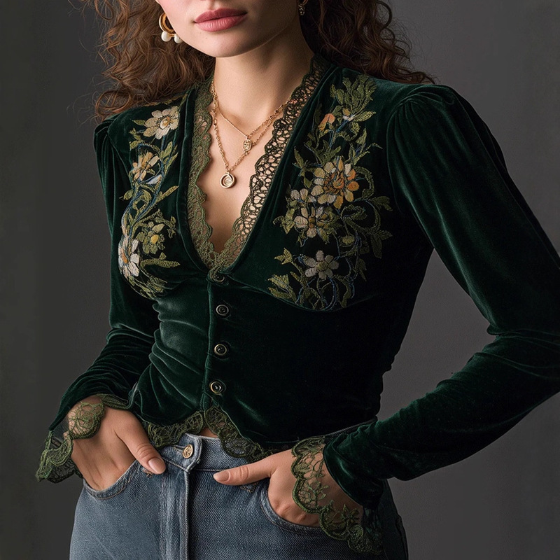 Retro Black Puff Sleeve Velvet Shirt for Women Autumn and Winter Short Lace Splicing V Neck Slim Bottoming Shirt Top