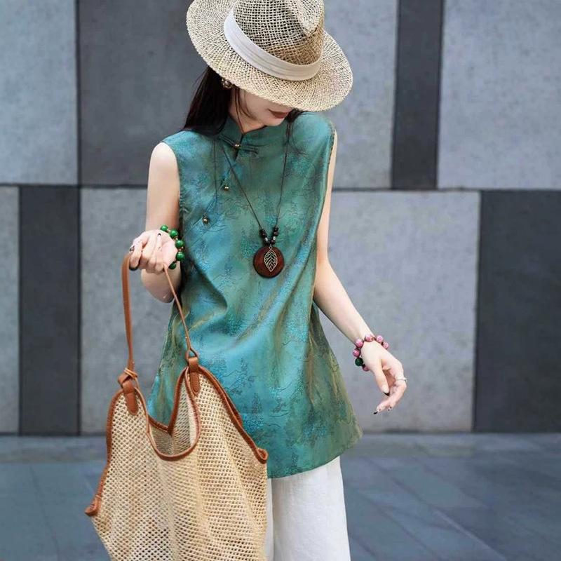 Silk Shimmer Brocade New Chinese Style Vest for Women, High-End Feel, 2026 Summer Vintage Style, Diagonal Collar Sleeveless Shirt for Women Silk Shimmer Brocade New Chinese Style Vest for Women, High-End Feel, 2026 Summer Vintage Style, Diagonal Collar Sleeveless Shirt for Women