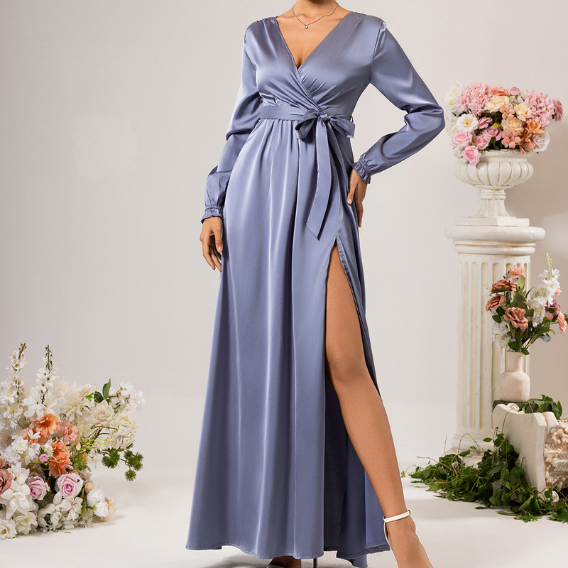 2026 Cross-Border Elegant Wedding Guest Dress A-Line V-Neck Long Sleeve Floor-Length Women's Bridesmaid Dress