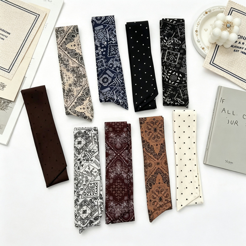 New Style Narrow Polka Dot Silk Scarf, Small Long Strip Hair Tie, Thin Spring/Summer Accessory for Women, Stylish Neck Scarf to Pair with Suits and Shirts