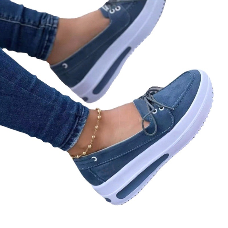 Large Size Single Shoes  New Thick Sole Shallow Lacing Round Head Beans Shoes