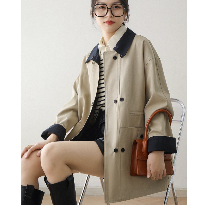 2026 New Korean Style Spring/Autumn Short Trench Coat for Women, High-End Color Blocking, Quilted, Lightweight Jacket, Loose Fit Top