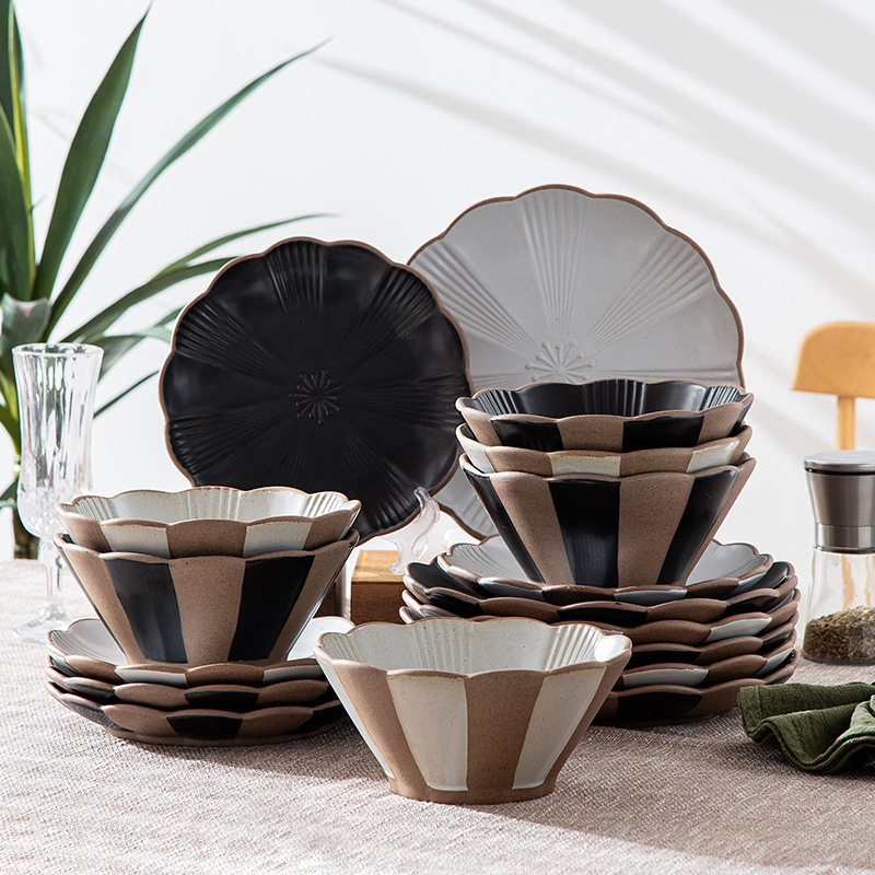 Foreign trade export clay 12-piece ceramic tableware suit creative flower-shaped household dinner bowl combination Amazon