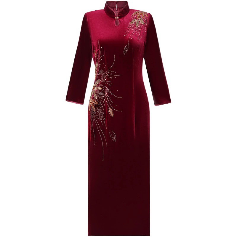 Иностранный свадебный банкет мама платье женщина весна и осень новая благородная леди золотой бархат свадебная дочь юбка чонсам темперамент юбка