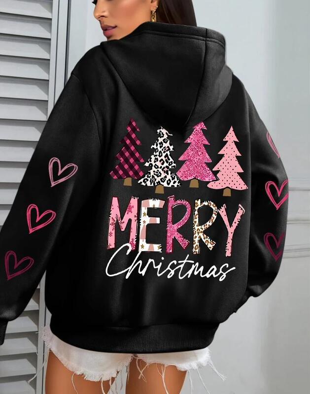 Foreign Trade Merry Christmas Pink Tree Print Women's Hoodie Autumn Loose Casual Pocket Fleece Pullover