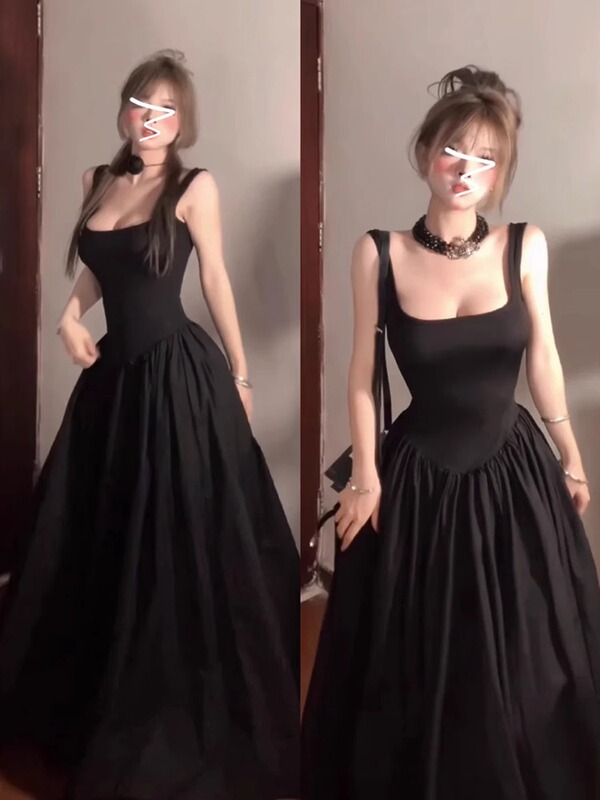 French Hepburn Style Black Suspender Dress for Women Summer 2025 New High-End Elegant Waist Long Skirt French Hepburn Style Black Suspender Dress for Women Summer 2025 New High-End Elegant Waist Long Skirt