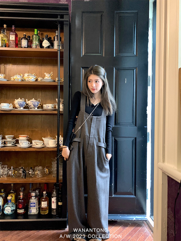 WANANTONG 小众私服UMA 自带时髦感仿羊毛人字纹背带裤休闲裤女秋|undefined