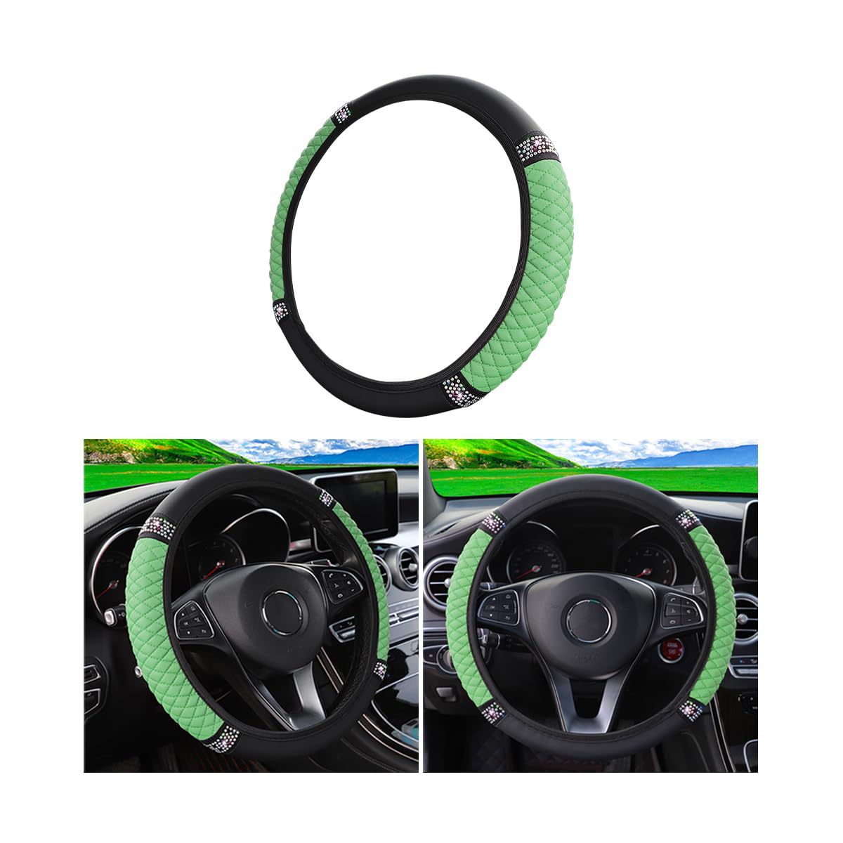 Factory Direct Sales Cross-Border Colorful Rhinestone Car Steering Wheel Cover, Leather Three-Dimensional Interior Handle Cover Without Inner Ring