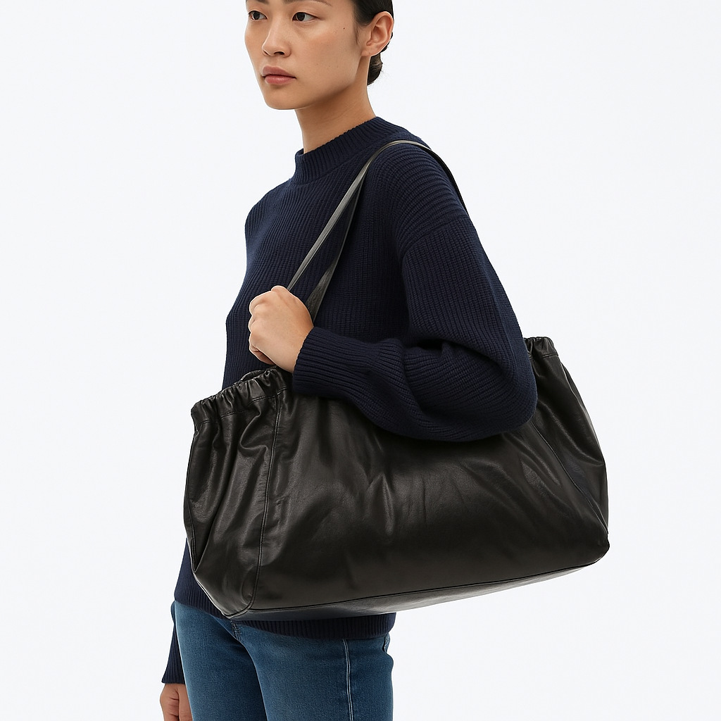 黑色软皮托特包女真皮感单肩包手提斜挎包女士简约百搭休闲通勤包