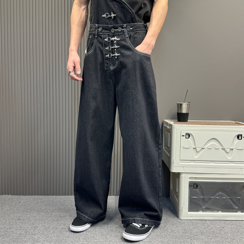 American Street Fashion Single-Shoulder Airplane Buckle Three-Way Strap Wide-Leg Jeans Raw Denim Straight Loose Indigo Denim