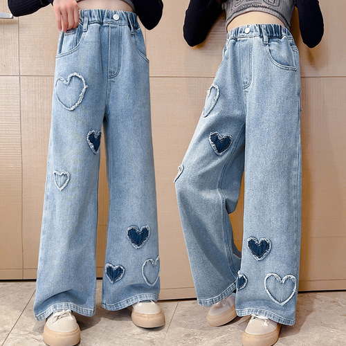 Girls Love Raw Edge Denim Wide Leg Pants 2024 New Pants Children's Loose Medium and Large Children's Outerwear Spring Pants