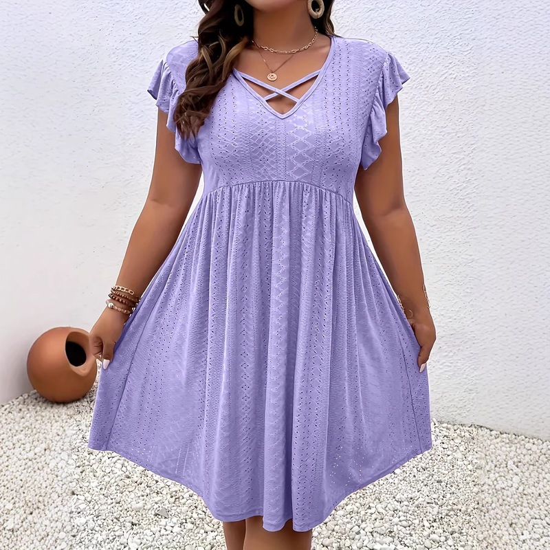 2025 European and American Cross-Border Summer New Style Temu Amazon Tiktok Women's Jacquard Ruffle Sleeve V-Neck Dress