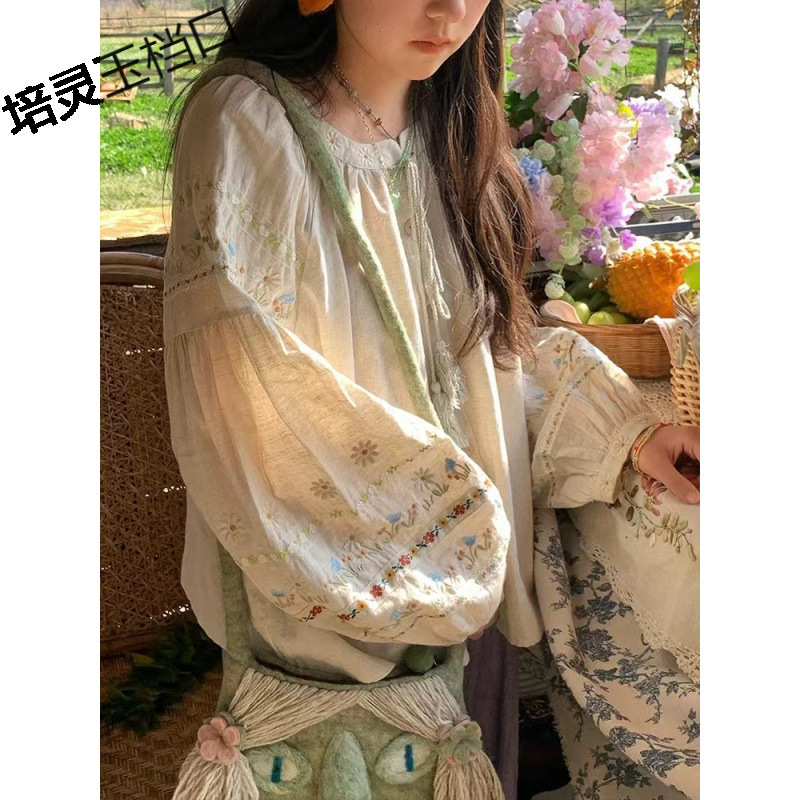 古着商店"蜂蜜雏菊"复古亚麻棉长袖衬衫女春宽松刺绣灯笼袖上衣|undefined