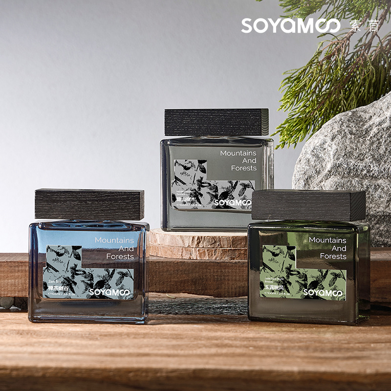 Rectangular Bottle with Wooden Lid, Mountain Forest Series Rattan Reed Diffuser, Air Fragrance for Bedroom and Hotel, Aroma Diffuser Ornament, Essential Oil