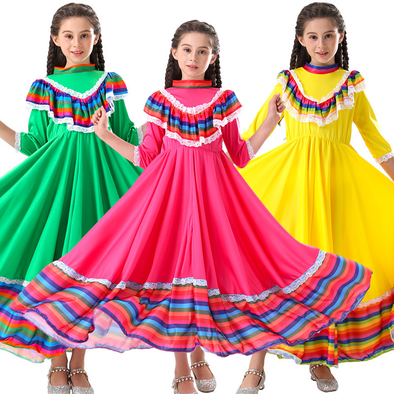 Halloween Mexican Girls Folk Dance Costumes Girls Children Big Dress Costumes Performance Clothes Dress