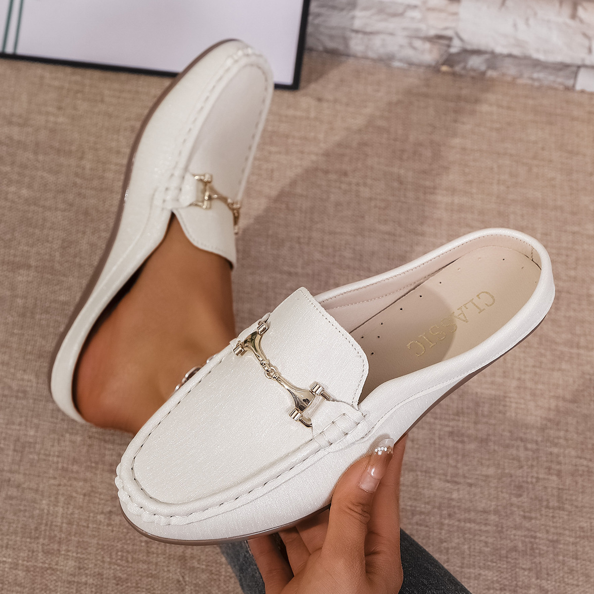 Mules Loafer Planos para Mujer de Cuero Sintético para Banquetes
