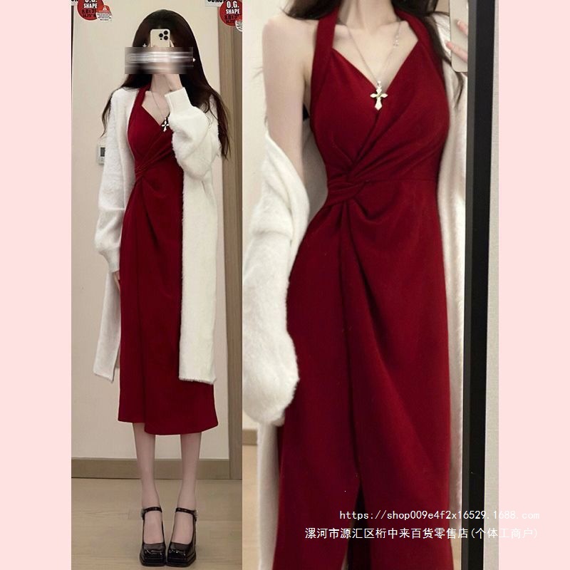 Two-piece set: 2026 Autumn/Winter mid-length soft knit cardigan + sophisticated French-style red slip dress