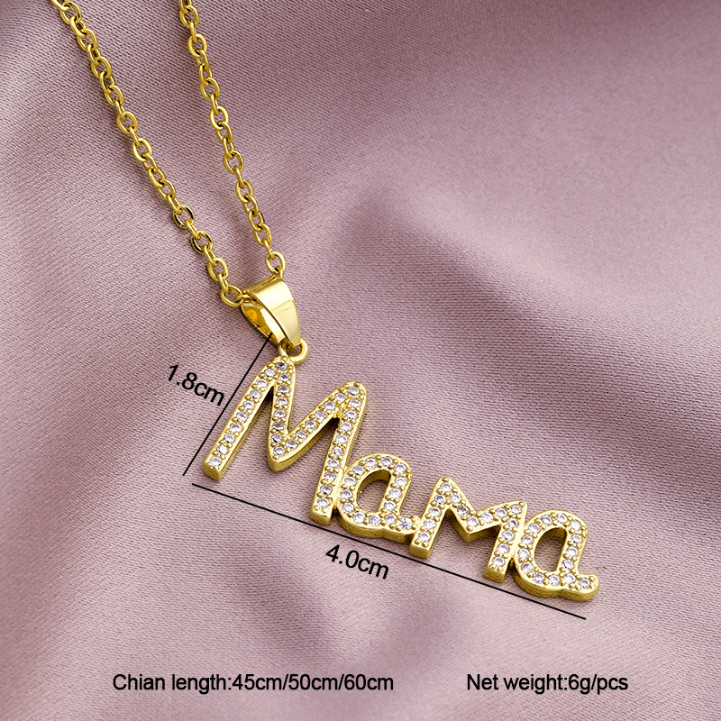 Electroplating Gold Plating Process 18K Gold Plated Plating Material 304 Stainless Steel Copper MAMA Simple Style Plating Inlay Letter Zircon Pendant Necklace